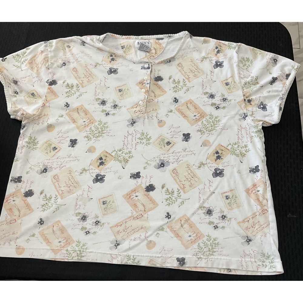 Basics Plus Shirt Womens 2X White Floral Script Print Henley Short Sleeve Top‎